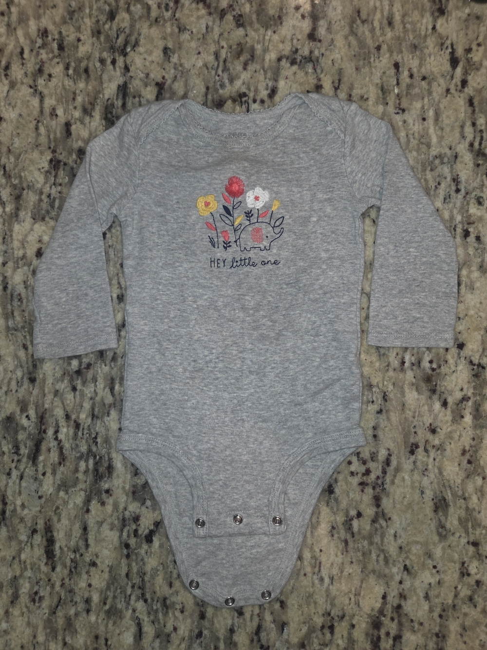 Gray Long-Sleeve Baby Bodysuit with Floral & Elephant Embroidery